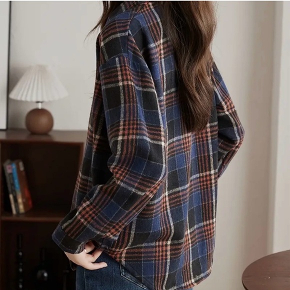 Dark Academia Blue Plaid Flannel Button Down Top - Picture 5 of 11